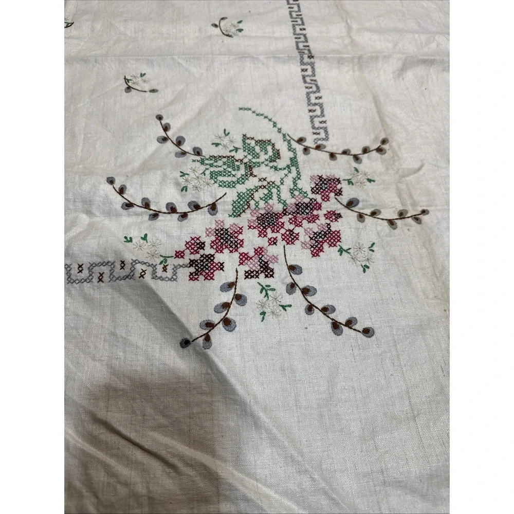 VTG Linen Hand Embroidered Cross Stitch Tablecloth Floral 54x68